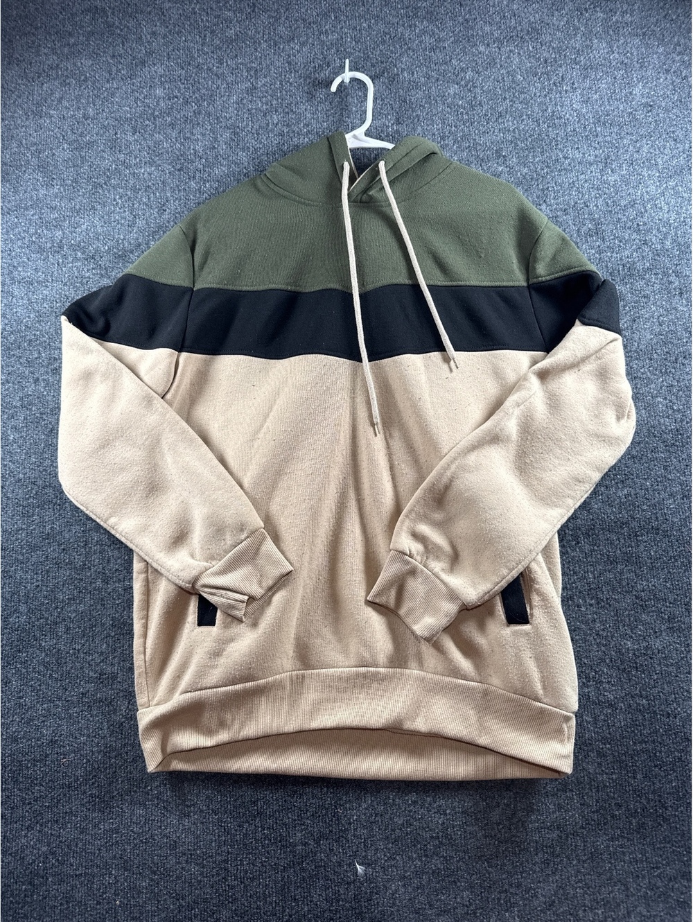 Mens Large L Color Block Pullover Hoodie Green Black Tan Casual Sweatshirt